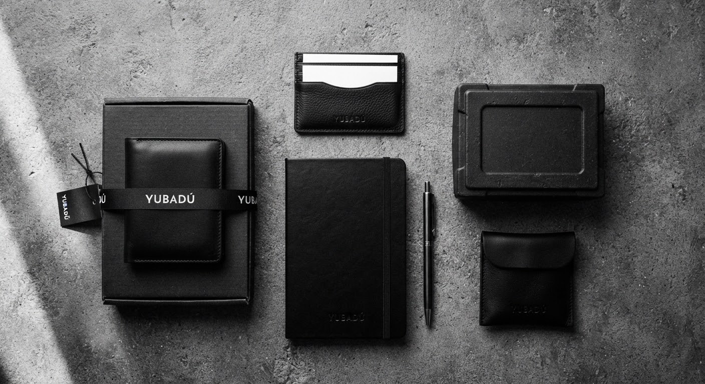 Strict high contrast black and white minimal flat lay photography of luxury leather goods and brutalist packaging boxes on concrete slate surface.
