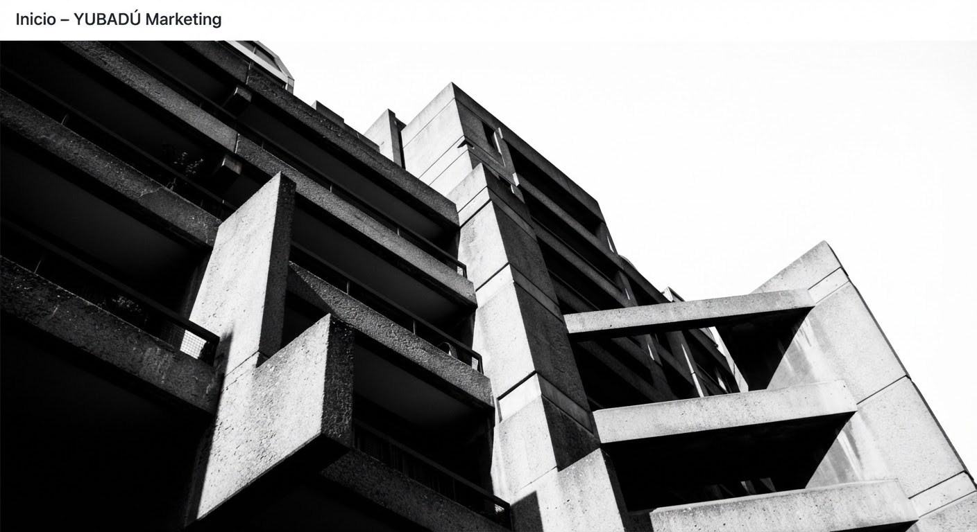 Strict high-contrast black and white architectural photograph of brutalist concrete geometry, stark dark shadows, harsh sunlight, sharp structural lines and dramatic perspective reflecting mechanical marketing efficiency.